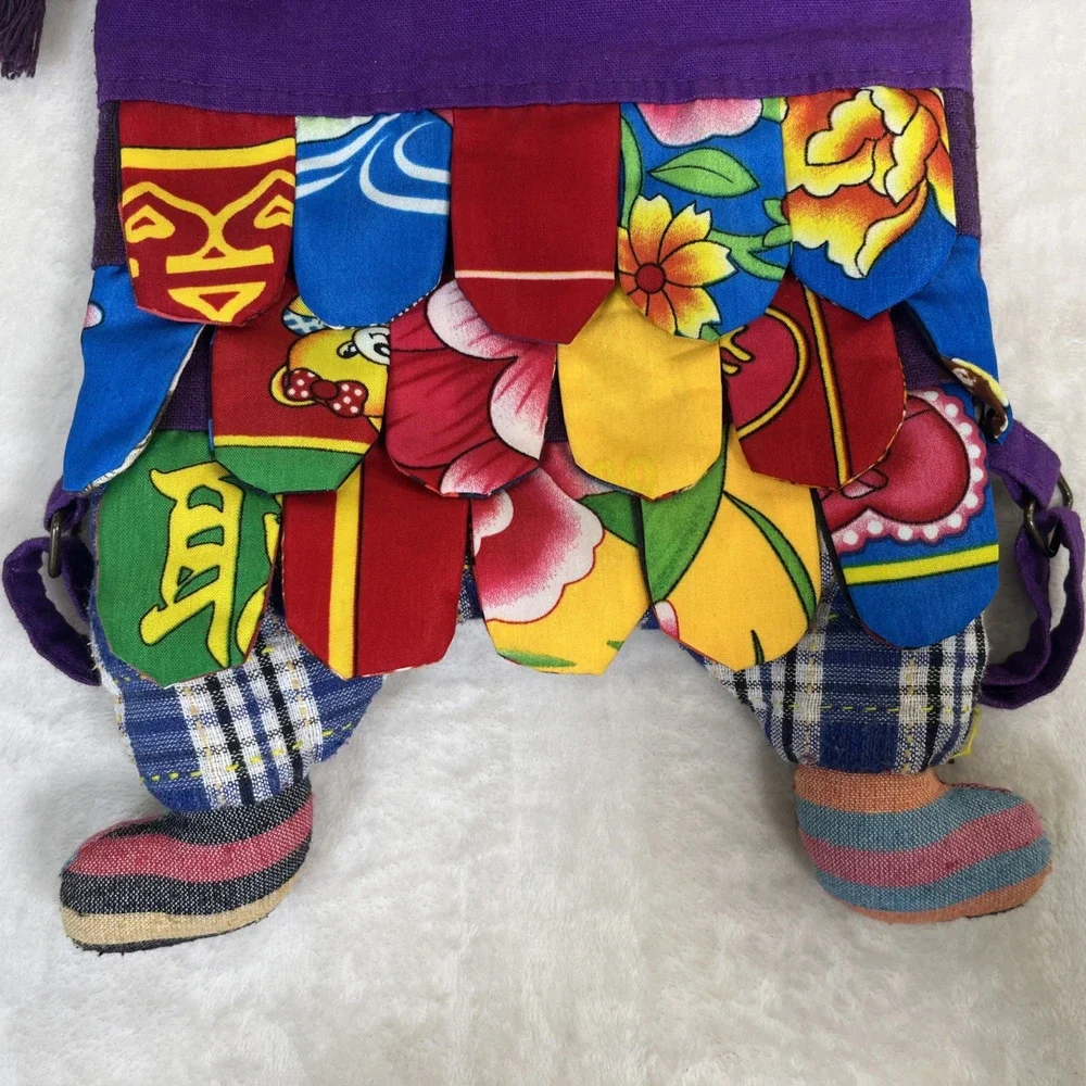 Handmade Patchwork Colorful Cat Drawstring Backpack Purple Multi-Color Charity
